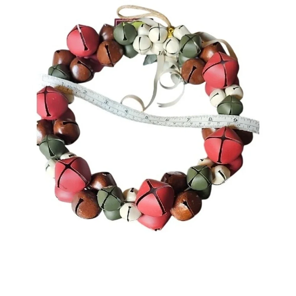 Rustic Christmas Jingle Bell Wreath Red Green Brown Metal Holiday Decor 10 Inch